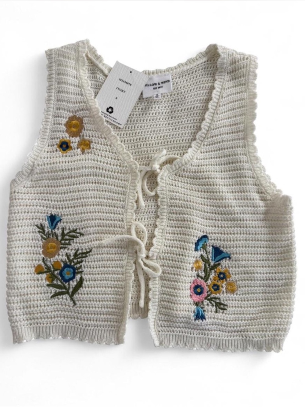 Ivory Crochet Tie-Front Vest with Floral Embroidery Size Small